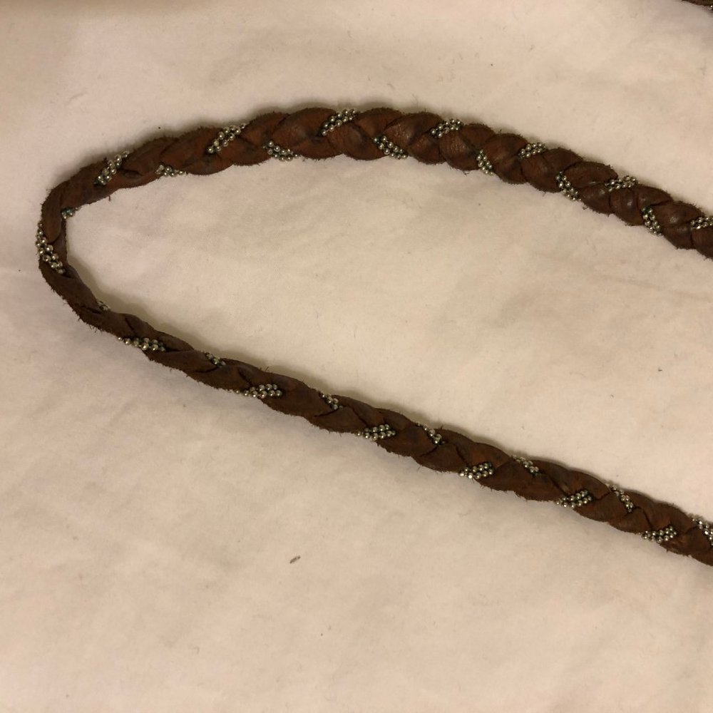 Y2K VTG Sogoli Brown Leather Braided Wrap Bracelet Necklace Gold Ball Chain Boho - Picture 6 of 16